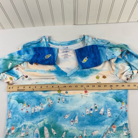 Art & Sol Amber Moran Blue Coastal Beach Boats Scene Top Blouse Sz Large - Picture 7 of 9